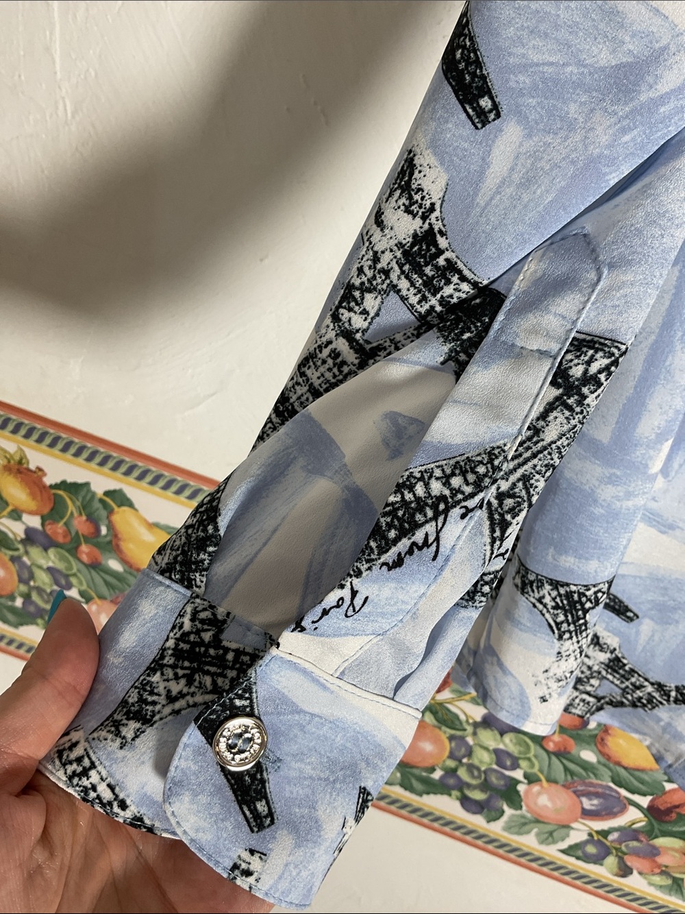 Karl Lagerfeld Paris Whimsical Eiffel Tower Roll-Tab Blouse Size S Blue - Picture 5 of 8